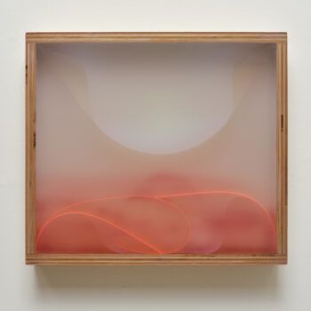 Heather Hutchison, Bending Over Backwards, 2025, Mixed media, reclaimed Plexiglas, flashe, tape, vinyl, gels, birch plywood box, 16 x 18 x 3 5/8 inches